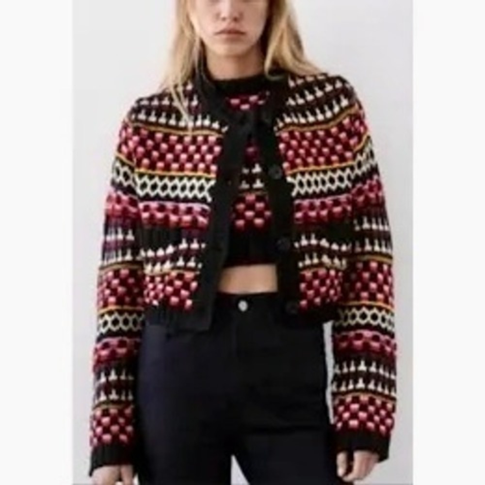 Industry Republic Clothing Fair Isle Cropped Cardigan Sweater Pink Black Small